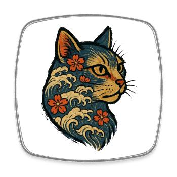 Chat Japonais Kanagawa Vagues Sakura - Magnet carré - blanc - Devant