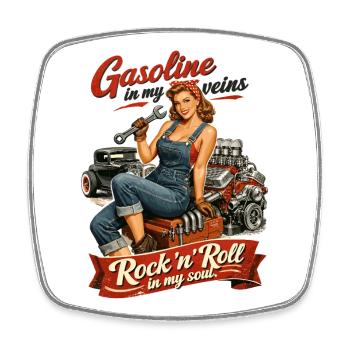 Retro Pin-up Hot Rod: Gasoline & Rock n Roll Soul - Square fridge magnet - white - Front