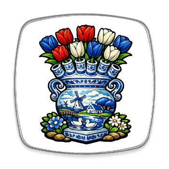 Delfter Vasen-Tulpen und Windmühle - Viereckiger Kühlschrankmagnet - Weiß - Vorne