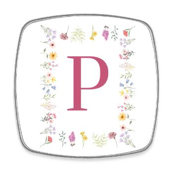 Florale Initialen "P", Buchstaben Monogramm - Viereckiger Kühlschrankmagnet - Weiß - Vorne