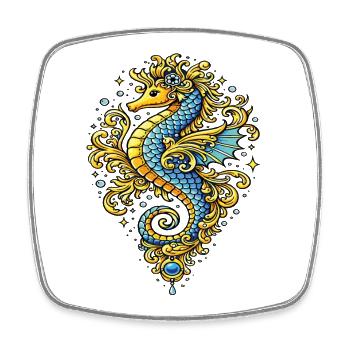 Blau-Gold-Barock-Seepferdchen – Marine-Illustration - Viereckiger Kühlschrankmagnet - Weiß - Vorne