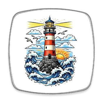 Phare marin vintage vagues et coucher de soleil - Magnet carré - blanc - Devant