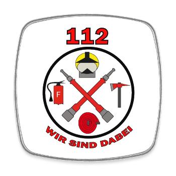 112-Wir sind dabei-Feuerwehr Symbol mit Strahlrohr - Viereckiger Kühlschrankmagnet - Weiß - Vorne