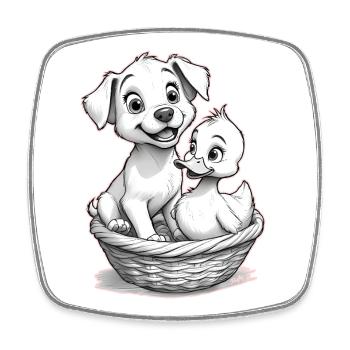 Cute Dog and Duck in the Basket – 🐶🦆 - Square fridge magnet - white - Front