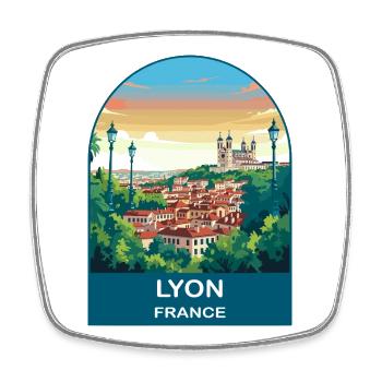 Lyon France City Skyline Vintage Travel Poster - Square fridge magnet - white - Front