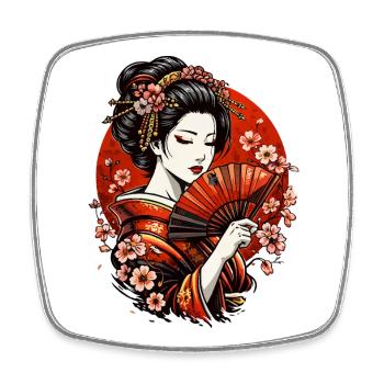 Geishas avec éventail et cerisiers en fleurs - Magnet carré - blanc - Devant