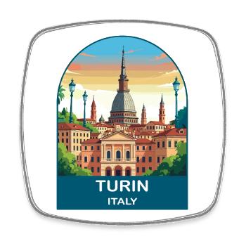 Turin, Italien Vintage-Reiseposter-Kunst - Viereckiger Kühlschrankmagnet - Weiß - Vorne