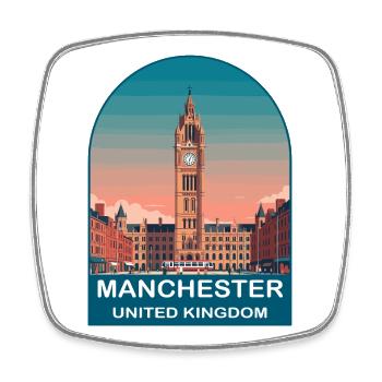 Manchester UK Vintage-Reiseplakat - Viereckiger Kühlschrankmagnet - Weiß - Vorne