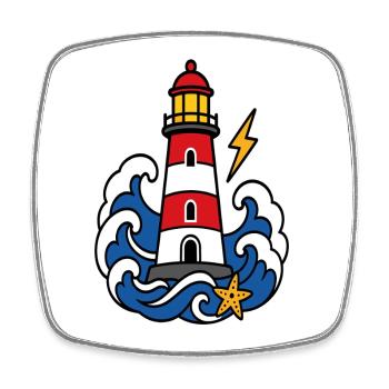 Marine-Leuchtturm- und Wellen-Tattoo-Stil - Viereckiger Kühlschrankmagnet - Weiß - Vorne