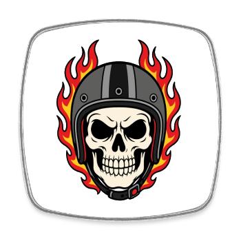 Flammender Totenkopf mit Motorradhelm - Viereckiger Kühlschrankmagnet - Weiß - Vorne