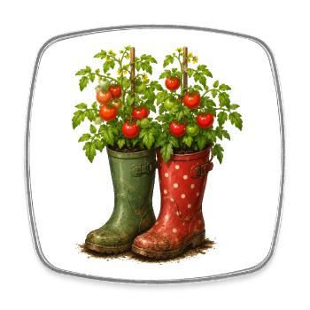 Tomatenpflanzen in Gummistiefeln Garten Motiv   - Viereckiger Kühlschrankmagnet - Weiß - Vorne