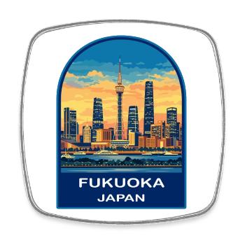 Fukuoka Tower Skyline Japan Retro Sunset Badge - Square fridge magnet - white - Front
