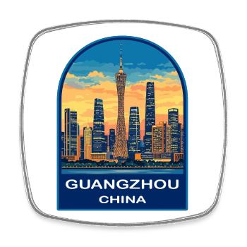 Insigne rétro de la tour de la tour de canton de Guangzhou avec la skyline - Magnet carré - blanc - Devant