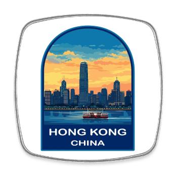 Hong Kong Ferry Skyline Retro Sunset Reiseabzeichen - Viereckiger Kühlschrankmagnet - Weiß - Vorne