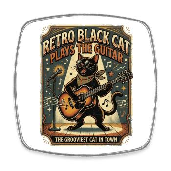 Retro Black Cat Playing Guitar Music Lover Design - Square fridge magnet - white - Front