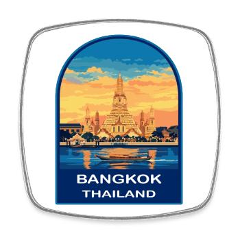 Bangkok Wat Arun Thailand Retro Sunset Travel Badg - Square fridge magnet - white - Front