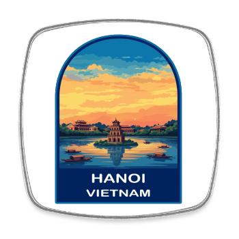 Hanoi Vietnam Turtle Tower Retro Sunset Badge - Square fridge magnet - white - Front