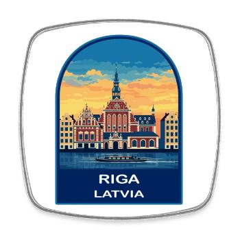 Insigne rétro du coucher de soleil du front de mer de la vieille ville de Lettonie de Riga - Magnet carré - blanc - Devant