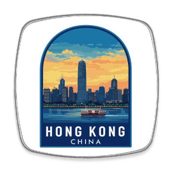 Hong Kong Star Ferry Skyline Retro Sunset Badge - Square fridge magnet - white - Front