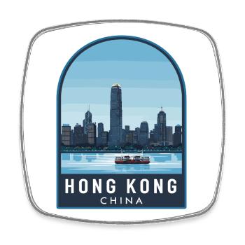 Hong Kong Skyline Star Ferry Retro Blue Sky Badge - Square fridge magnet - white - Front