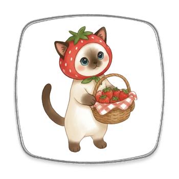 Kawaii Erdbeerkatze mit Erdbeerkorb - Viereckiger Kühlschrankmagnet - Weiß - Vorne