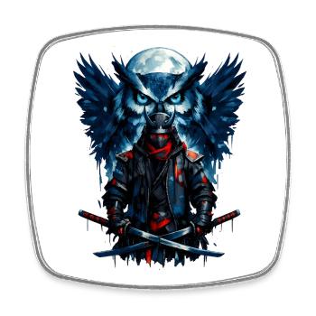 Chasseur de Nuit : Ninja de la chouette grand-duc avec des épées - Magnet carré - blanc - Devant
