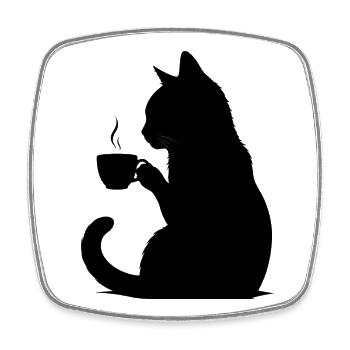 Chat noir minimaliste buvant du café - Magnet carré - blanc - Devant