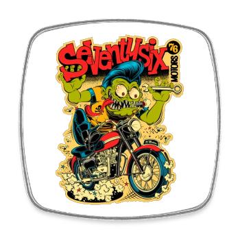 Green Monster on Motorcycle – Comic Style - Square fridge magnet - white - Front