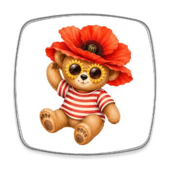 Cute Teddy Bear with Poppy Hat & Floral Glasses - Square fridge magnet - white - Front