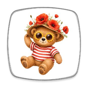 Petit ours mignon en été avec un chapeau de pavots - Magnet carré - blanc - Devant