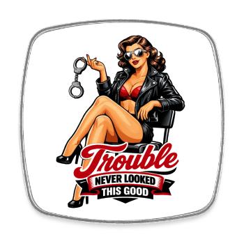 Pin-Up Girl Biker Lady: Trouble Looked Good - Square fridge magnet - white - Front