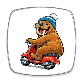 Walross auf dem Motorroller - Viereckiger Kühlschrankmagnet - Weiß - Vorne