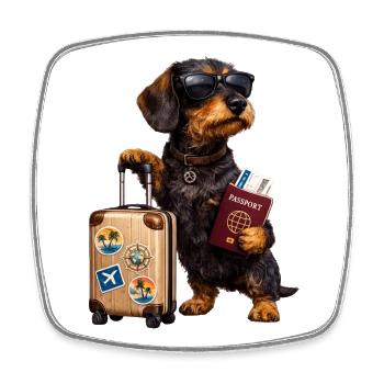Motif teckel Holiday – Chien drôle avec valise et - Magnet carré - blanc - Devant