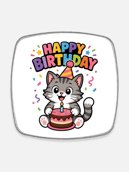 Happy Birthday cat - Square fridge magnet - white