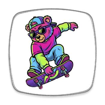 Teddy bear on a skateboard Neon - Square fridge magnet - white - Front
