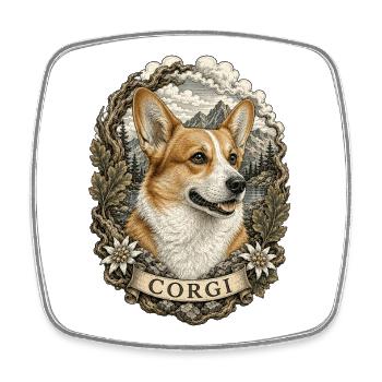 Corgi im Vintage Stil mit Berglandschaft - Viereckiger Kühlschrankmagnet - Weiß - Vorne