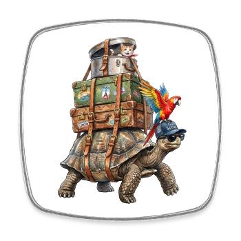 Tortue voyageant avec chat et perroquet - Magnet carré - blanc - Devant