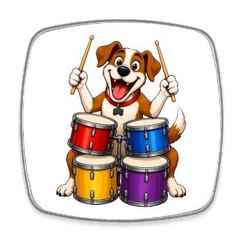 Excited Dog Playing Four Piece Drums - Square fridge magnet - white - Front
