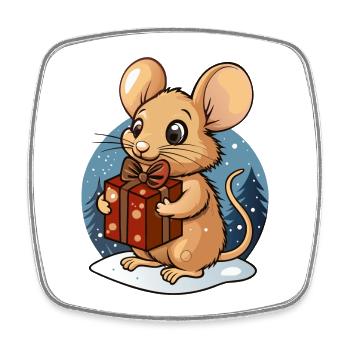 Cute mouse with gift at Christmas - Square fridge magnet - white - Front