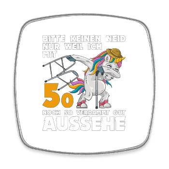 50. Geburtstag 50 Jahre Einhorn mit Rollator Stock - Viereckiger Kühlschrankmagnet - Weiß - Vorne