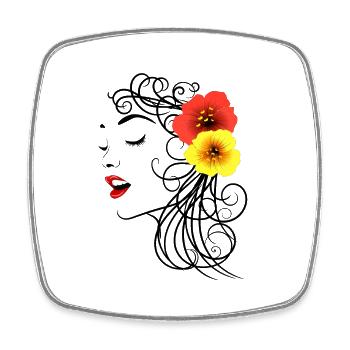 Femme aux fleurs d’hibiscus rouge et jaune - Magnet carré - blanc - Devant
