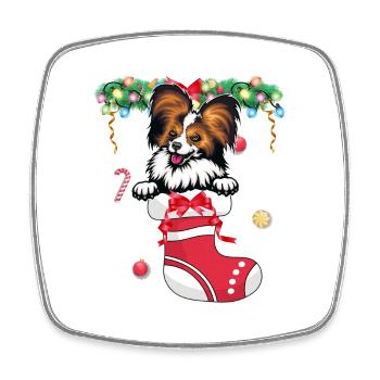 Drôle de Noël - Mignon Chien Papillon à Noël Stocki - Magnet carré - blanc - Devant