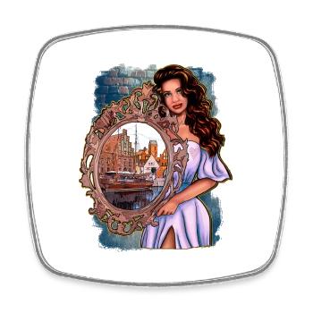 Wismar Illustration Frau mit Spiegel - Viereckiger Kühlschrankmagnet - Weiß - Vorne