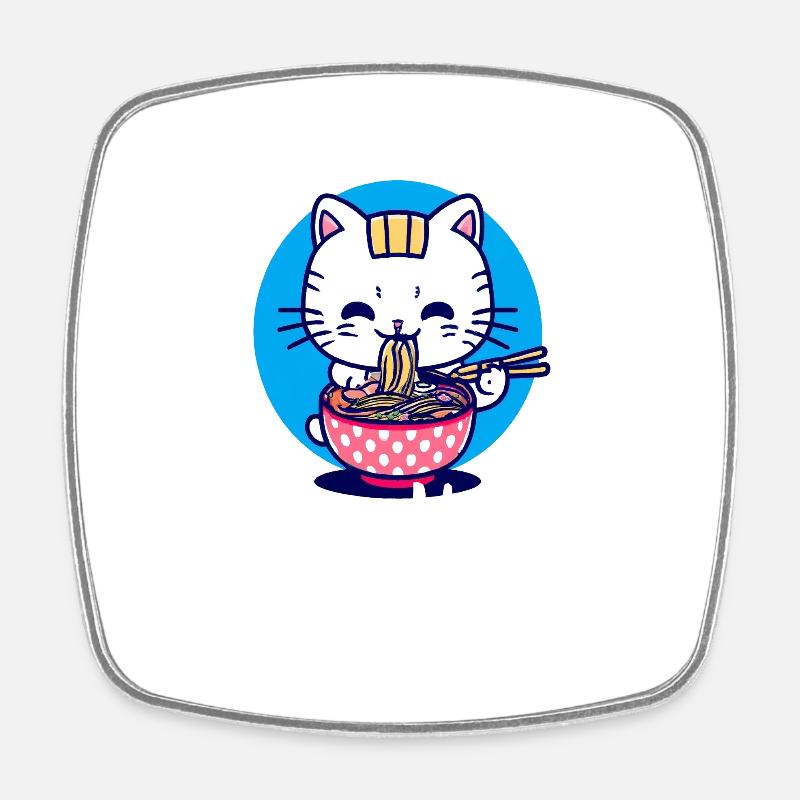 Cute Cat Eats Ramen - Anime - Manga - Magnet carré - blanc