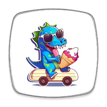 Dino dinosaure sur skateboard mangeant de la crème glacée - Magnet carré - blanc - Devant