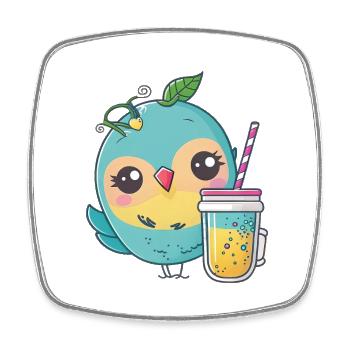 Kawaii Cute Happy Colorful Bird Drinking Tea - Square fridge magnet - white - Front