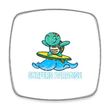 Cute kawaii turtle on surfboard with surfers - Square fridge magnet - white - Front