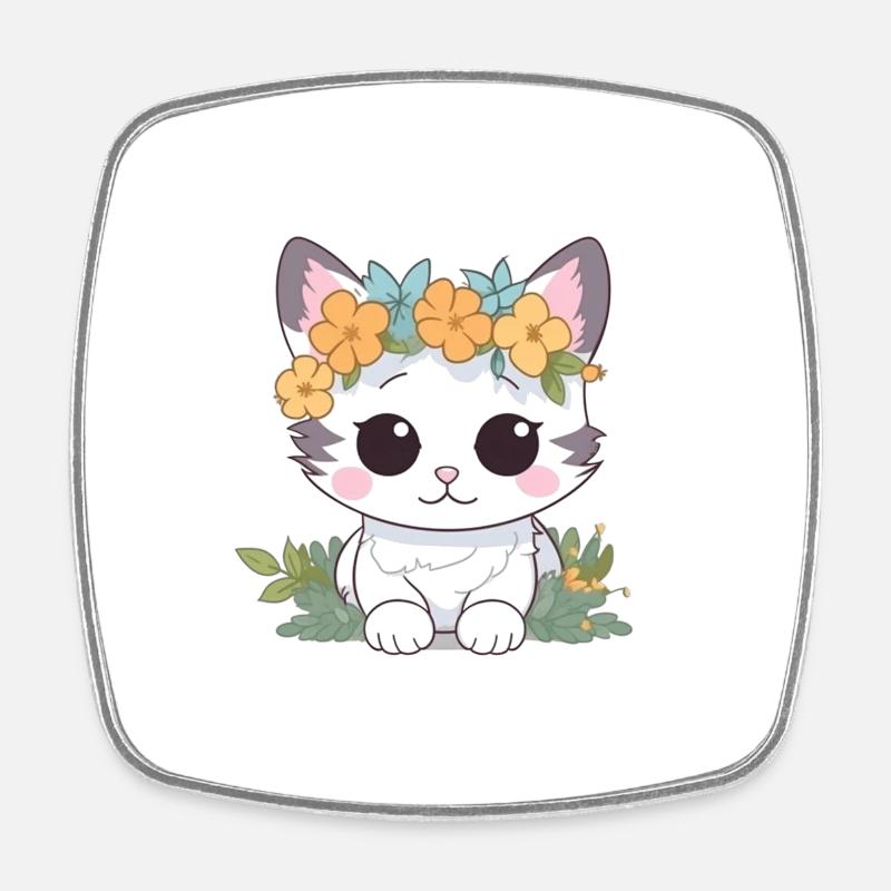 Cute cat with flowers - Square fridge magnet - white