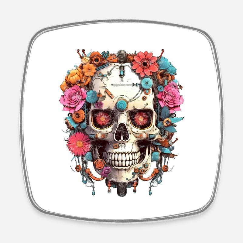 Cyborg Skull Robot Android Sugar Skull - Square fridge magnet - white