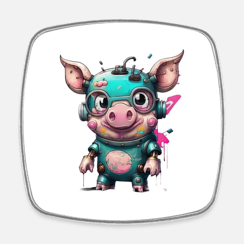 Cochon robot - Magnet carré - blanc